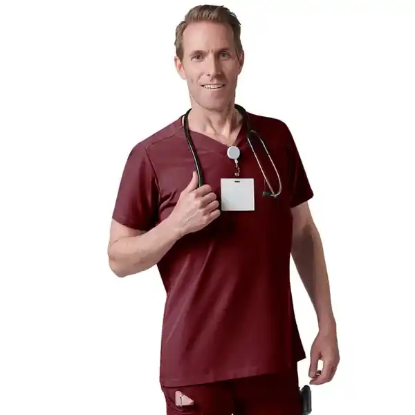 Men's scrub top in Merlot Red